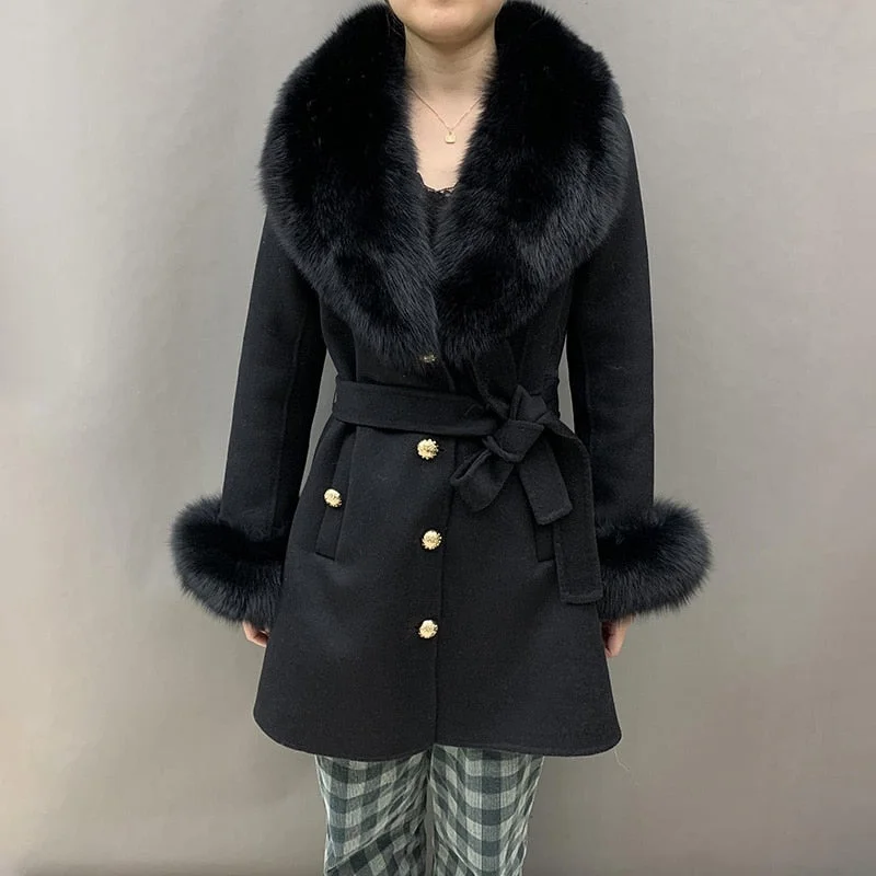 Soft Cashmere Coats Real Fur Long Collar & Cuffs