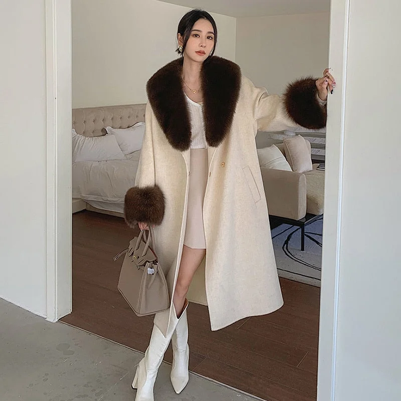 Soft Cashmere Long Coats Real Fur Long Collar & Cuffs