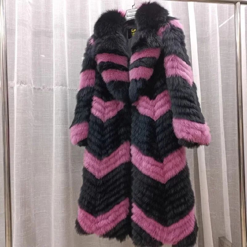 Thin Striped Color Pattern Real Fox Fur Coats  X-Long