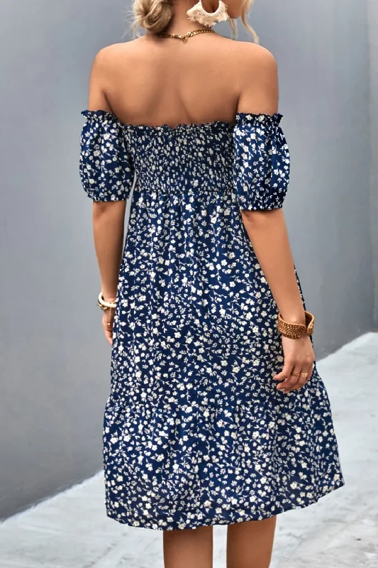 Ditsy Floral Smocked Frill Trim Off-Shoulder Dress