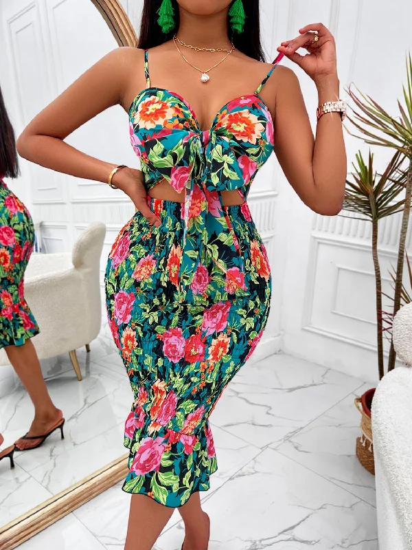 Floral Sweetheart Neck Cutout Dress