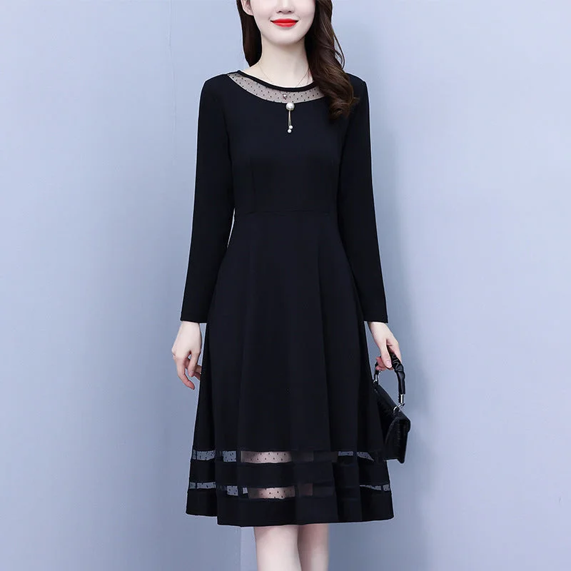 NiDELL . Autumn Clothes plus Size Women's Clothes Dress Plump Girls Fashionable Stylish Black Long Sleeve Waist-Tight Slimming Belly-Covering Dress