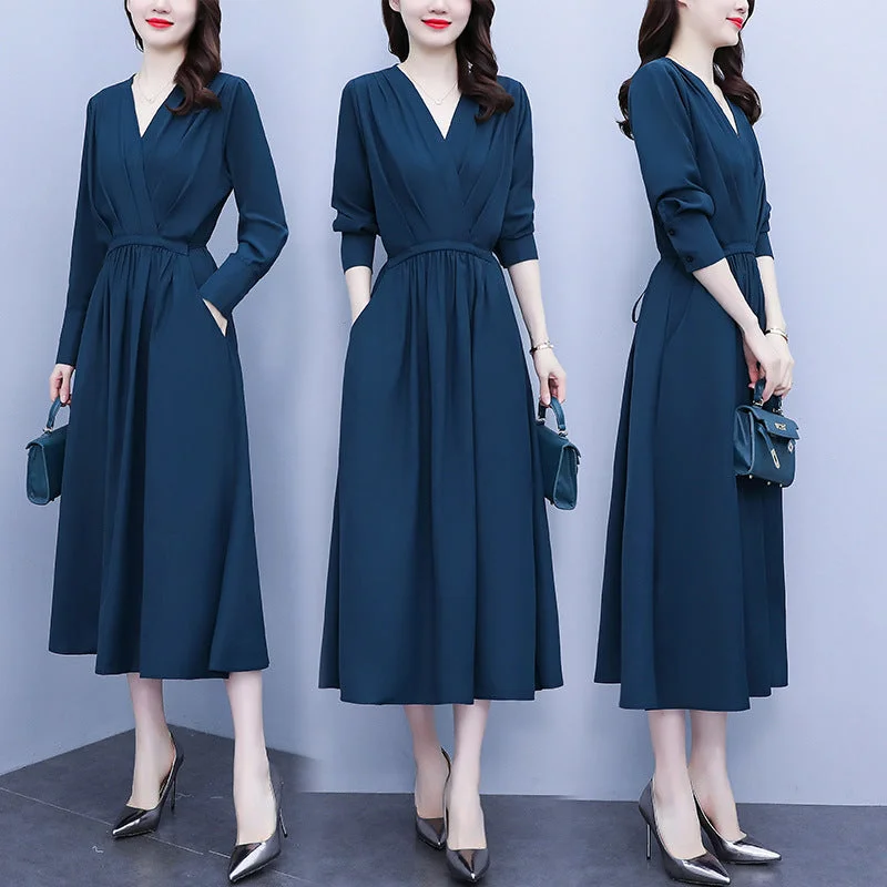 NiDELL . Autumn High-End Long-Sleeved plus Size Women's Clothing Chubby Girl's Dress Waist Slimming Lace-up V-neck Temperament Long Dress Women