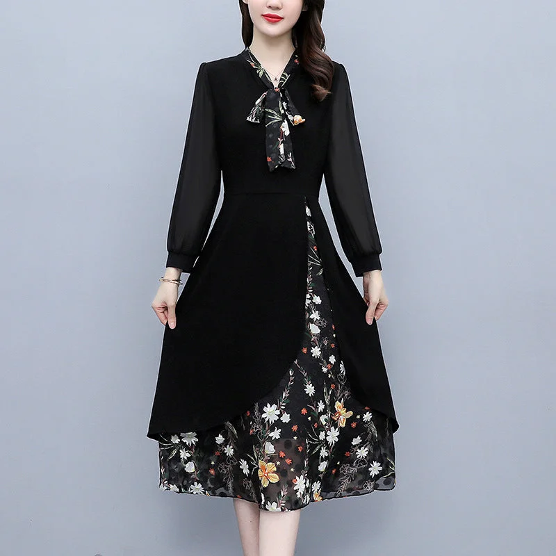 NiDELL Autumn . New Mid-Length French Hepburn Style Irregular Cinched Slimming Bow Floral Dress