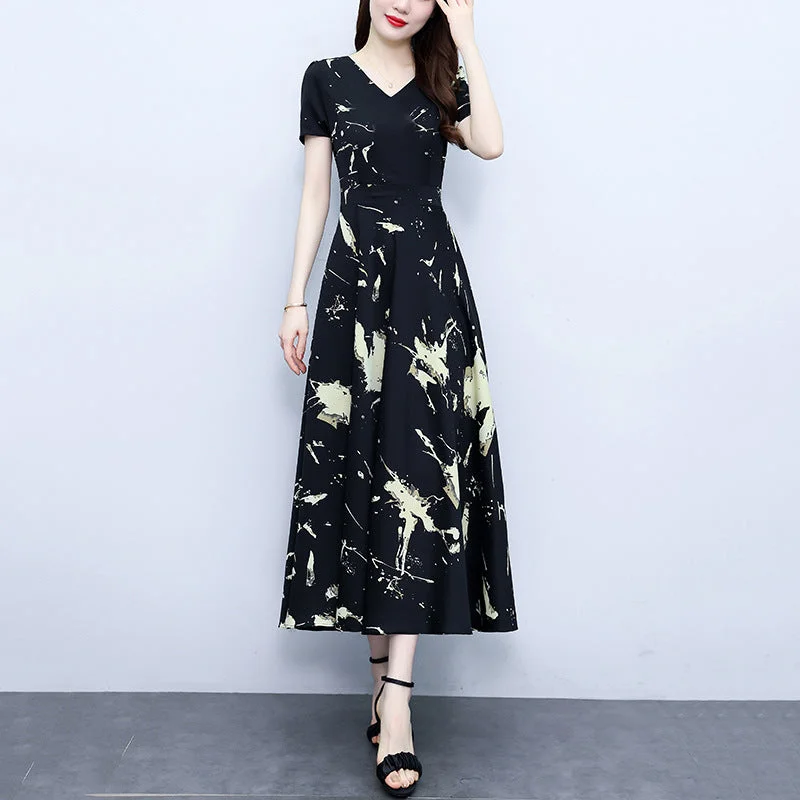 NiDELL Chiffon Floral Dress . Women's New High-End Temperament Short Sleeve Black Waist Slimming Summer Long Dress