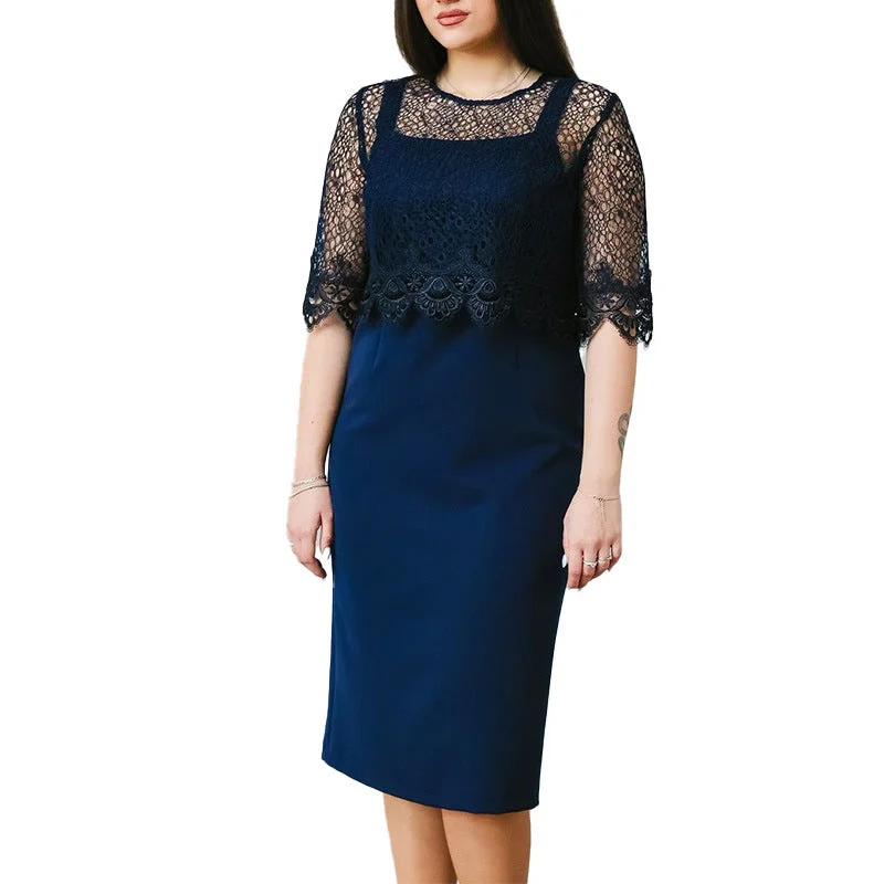 NiDELL Cross-Border Amazon European and American Foreign Trade Women's Clothing . Lace Elegant Sexy See-through Chubby Girl's Dress Fx230368