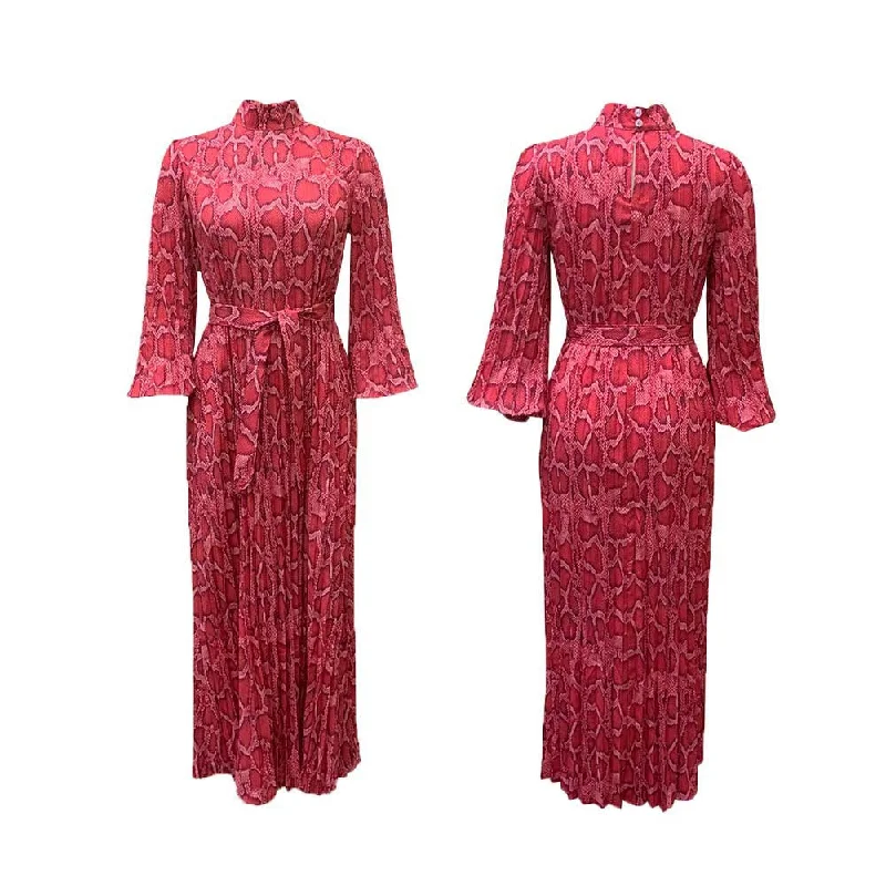 NiDELL D229 Cross-Border Women's Clothing . New Independent Station Printed Pleated Lace-up African Dress European and American Style Dress