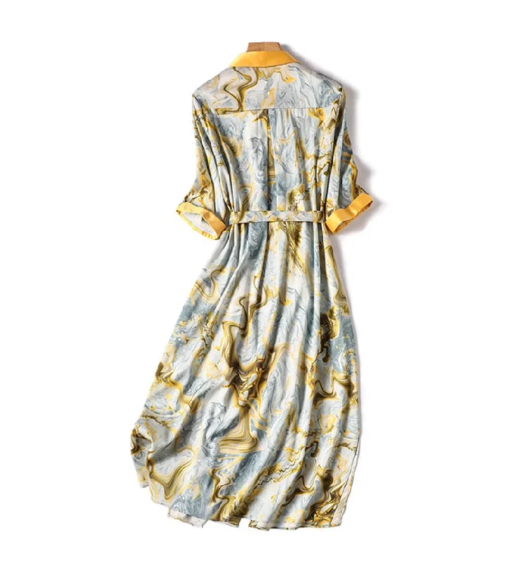 NiDELL Design European Station Advanced French Printed Dress . Summer New Temperament Waist-Controlled Slimming A- line Skirt