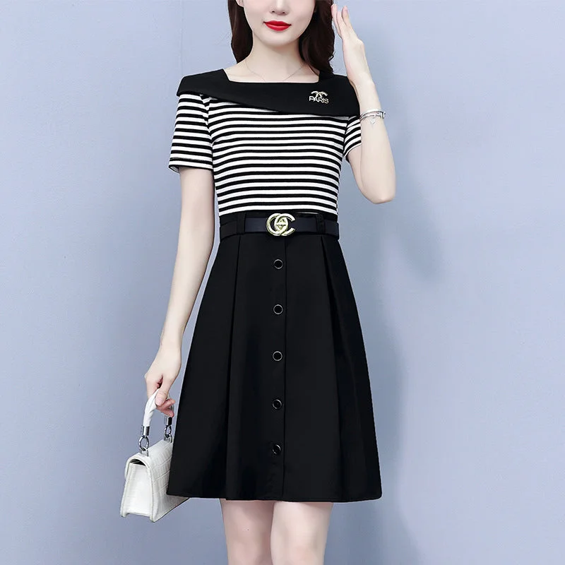 NiDELL Design Sense Niche Square Collar Patchwork Stripes Fake Two-Piece Dress for Women . Summer Graceful and Fashionable Slimming Dress