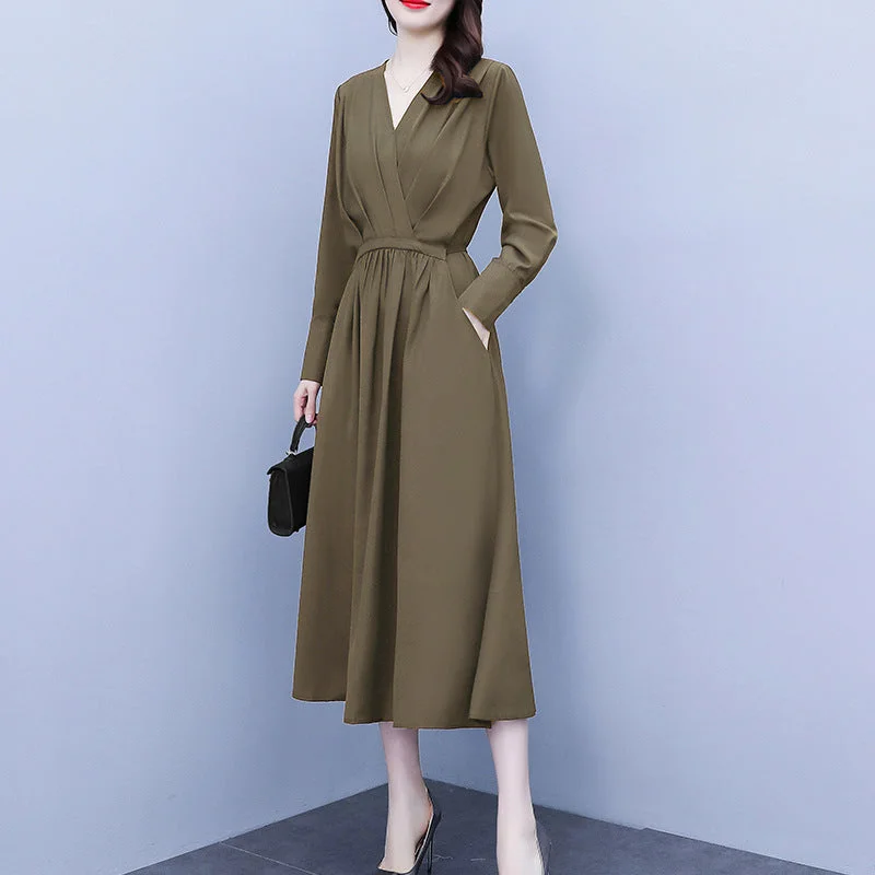 NiDELL Elegant High-Looking Dress Autumn Long Sleeve Loose Lace-up Pocket V-neck Overknee Long Dress Large Size Women's Clothing