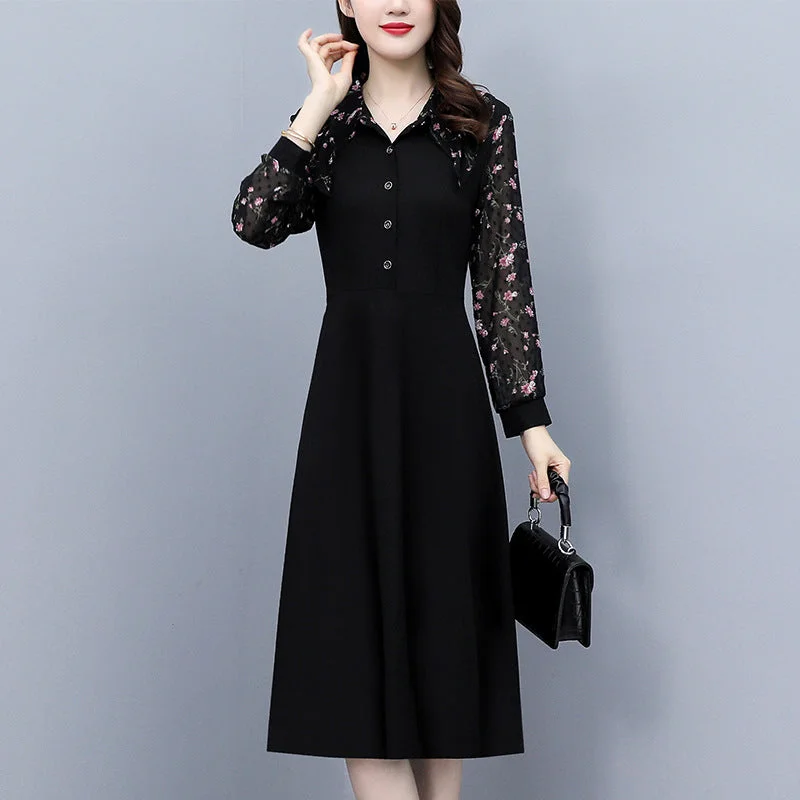 NiDELL Factory Direct Sales plus Size Women's Clothing . Autumn Plump Girls Slim Slimming Chiffon Floral Long Sleeve Mom Dress