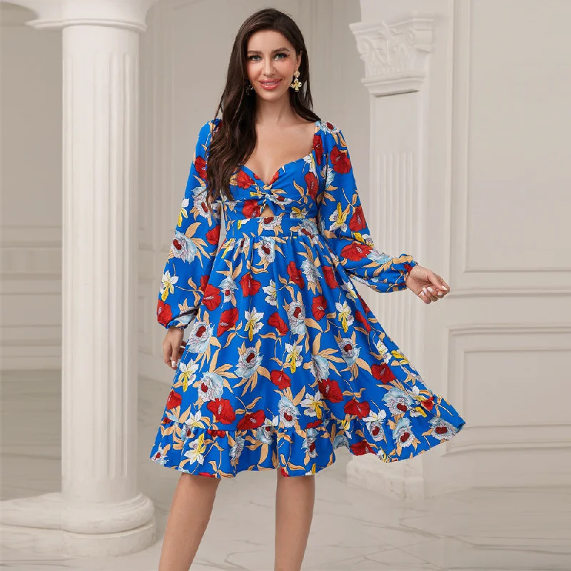 NiDELL FC-23001 European and American Women's Clothing Fashion . Autumn New Digital Printed Chiffon High Waist Dress in Stock