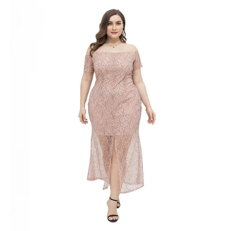 NiDELL Foreign Trade Cross-Border Amazon Large Size Sheath Slim Lace Dress off-the-Shoulder Gown Female Dress Fx200028