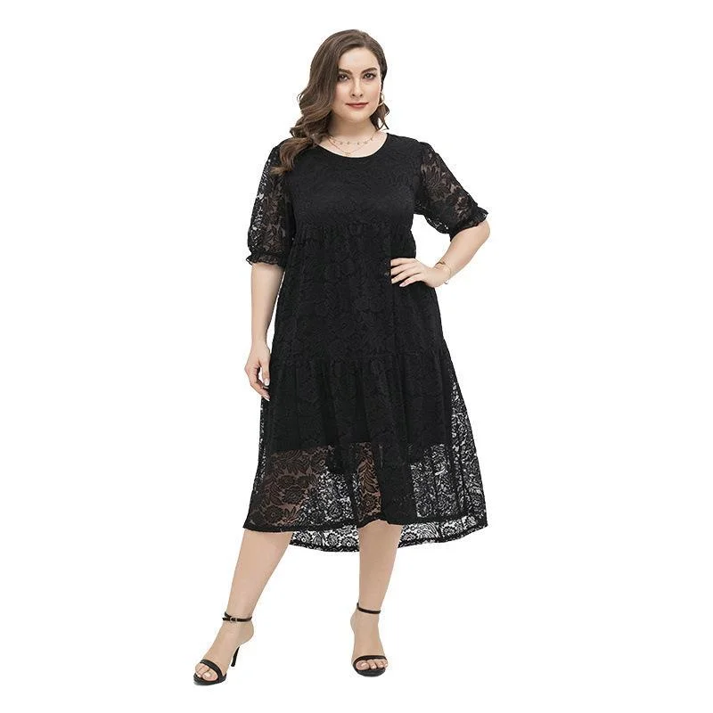 NiDELL Foreign Trade European and American plus Size Lace Dress Loose Casual Plump Girls plus-Sized plus-Sized Lace Dress Fx200001