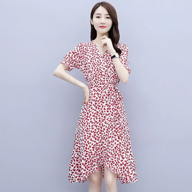 NiDELL French Floral Chiffon Short Sleeve Dress . New Summer Small Trendy Tummy Hiding Printed Bottoming Skirt