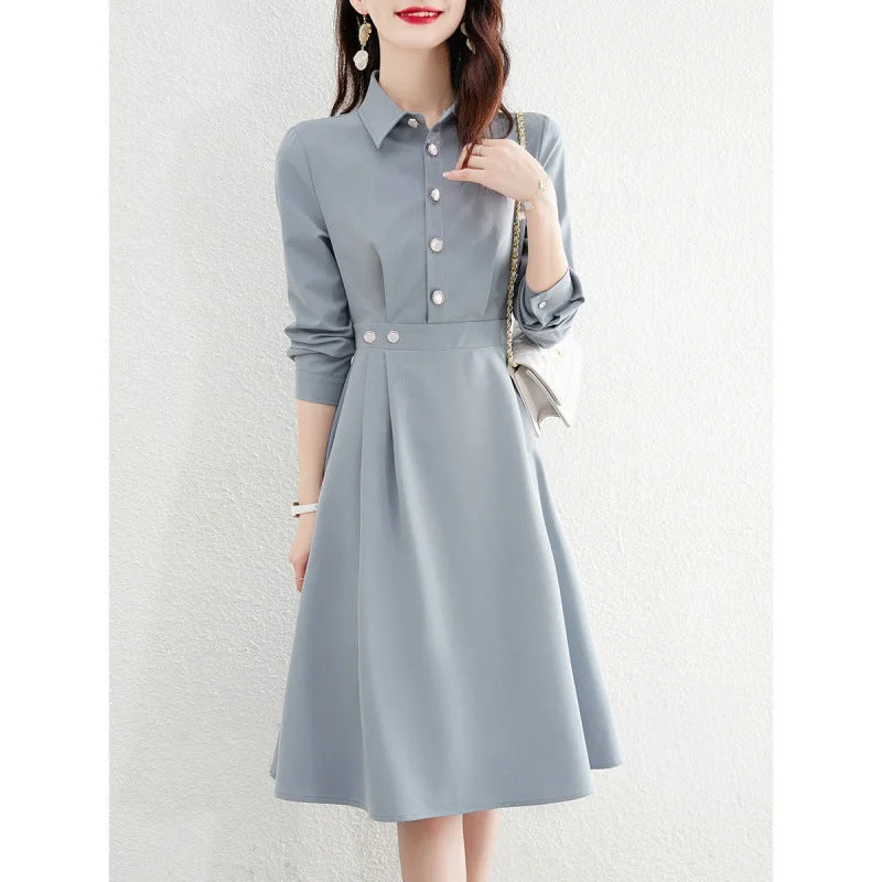 NiDELL Haze Blue High-End Shirt Dress Women's Clothing Spring . New French High-Grade Waist-Tight Slimming A- line Skirt