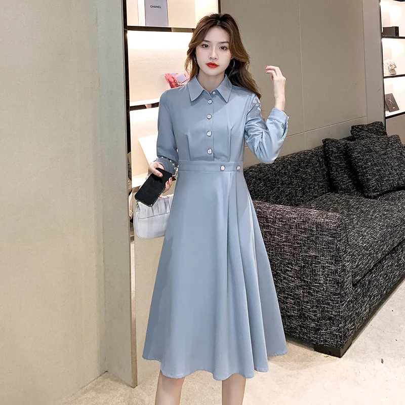 NiDELL Haze Blue High-End Shirt Dress Women's Clothing Spring . New French High-Grade Waist-Tight Slimming A- line Skirt