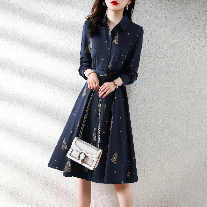 NiDELL High-End Long-Sleeved Dress . Autumn Classic All-Matching Graceful Western Style Fashion Waist Trimming Slimming Printed A- line Skirt