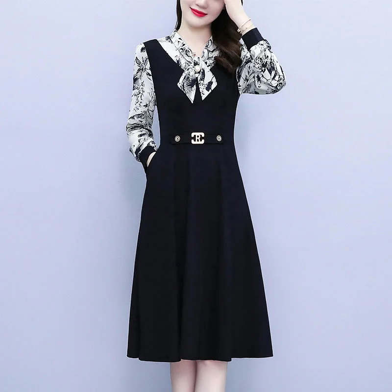 NiDELL Large Size Dress . New Plump Girls Long Sleeve Bow Collar Printed Stitching Elegant Slimming A- line Skirt