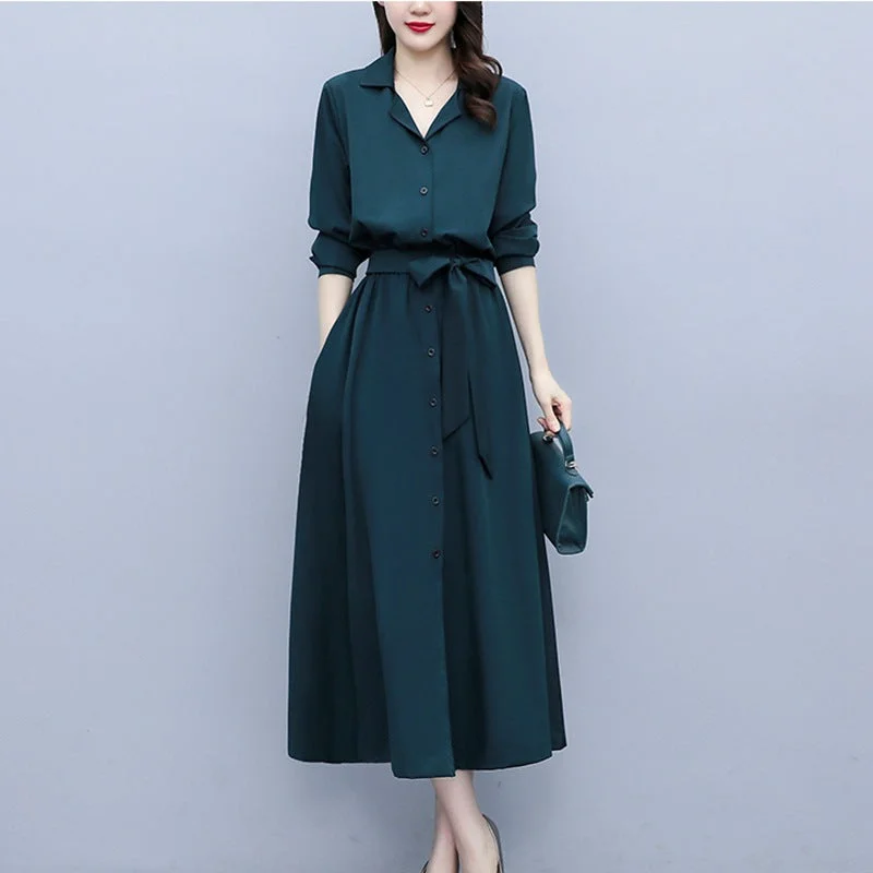 NiDELL Large Size Women's Dress . Spring and Autumn New Fashion Temperamental Popular Dark Green Texture Skirt French Shirtdress