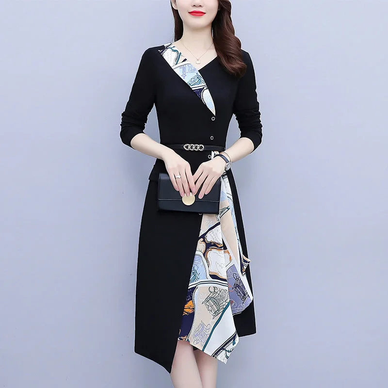 NiDELL Limited-Time Discount Large Size Women's Clothing . Autumn New Elegant Fashion Slimming Floral Stitching Dress