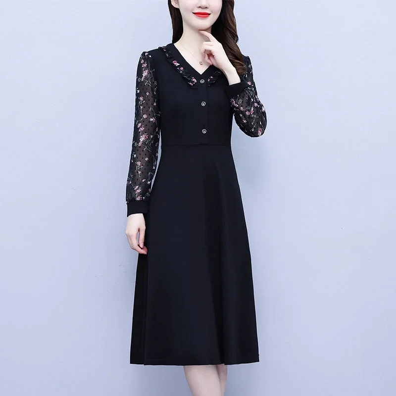 NiDELL Long Sleeve Dress . Autumn Clothes plus Size Women's Clothes Plump Girls Chiffon Floral Belly Covering Slim Fit Skirt in Stock