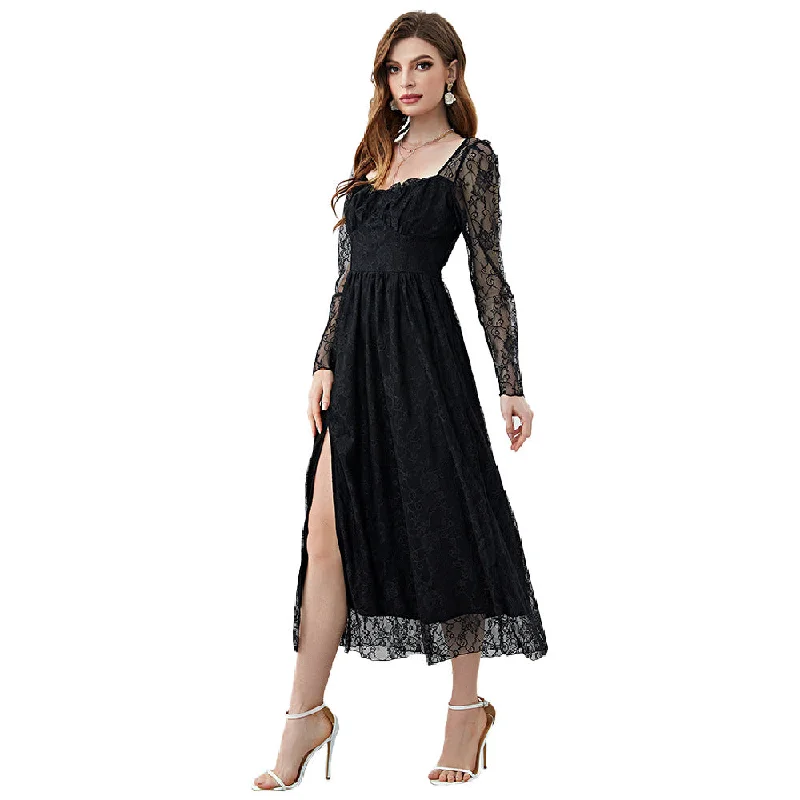 NiDELL LQ-220902 European and American Women's Clothing Fashion . Spring and Summer New Lace Square Collar High Slit Dress in Stock