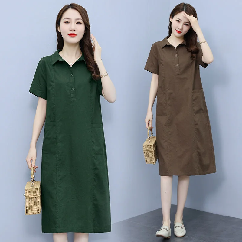 NiDELL Middle-Aged Mom Dress . Summer New Cotton and Linen High-End Loose Casual Wear Short Sleeve Temperament Mid-Length Skirt