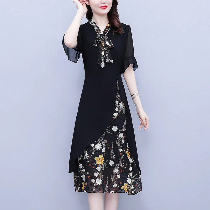 NiDELL . New plus Size Printed Chiffon Patchwork Skirt Mid-Length Irregular Cinched Slimming Bow Dress