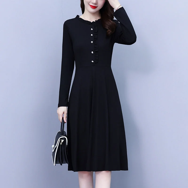 NiDELL One Piece Dropshipping plus Size Women's Clothing . Autumn Fashionable Stylish Black Long Sleeve Waist Slimming Belly-Covering Dress