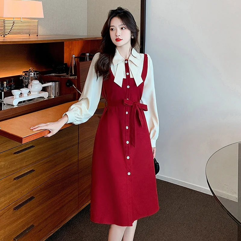 NiDELL One Piece Dropshipping . Spring and Autumn Cute Youth-Looking Peter Pan Collar Blouse Dress Fake Two Pieces Flab Hiding Slimming Dress