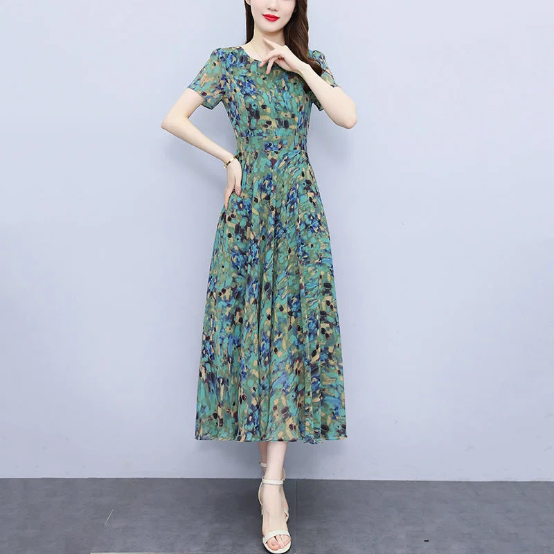 NiDELL Pastoral Style Floral Dress . Summer New Small French Tight Waist Slim Temperament plus Size Long Dress