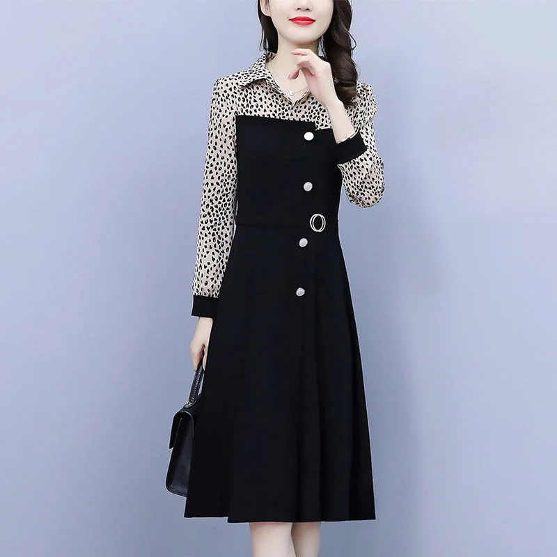 NiDELL Real Shot Spot plus Size Women's Clothing . Autumn Leopard Splicing Fake Two Pieces High-End Temperament Slimming Mother Clothes Dress