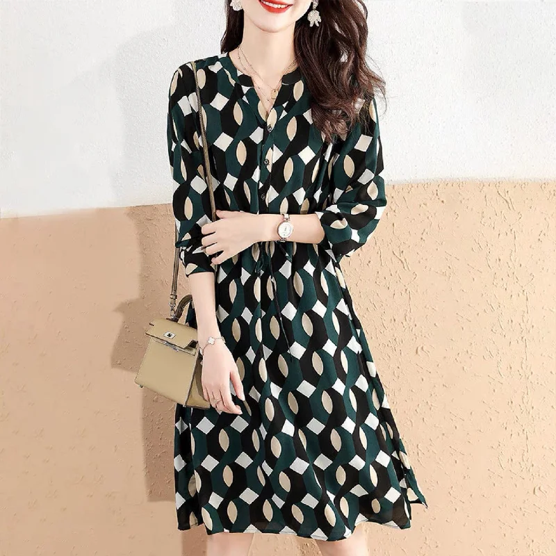 NiDELL Spring and Autumn New High-End Dress Korean Style Western Style Printed Waist Slimming Graceful Geometric Pattern Lace-up A- line Skirt