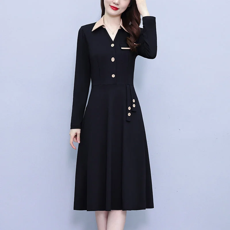 NiDELL . Spring and Autumn New Large Size Women's Clothing Plump Girls Middle-Aged Mom Temperament Slim Cover Belly Mid-Length Long Sleeve Dress