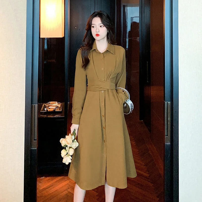 NiDELL . Spring and Autumn New Long Sleeve Blouse Collar Dress Lady Solid Color Slim Fit Tied Waist Mid-Length Dress