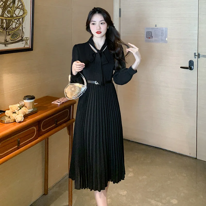 NiDELL . Spring New Solid Color Black Belt Lace-up Pleated Skirt Scarf Tie plus Size Temperament Elegant Long Sleeve Dress