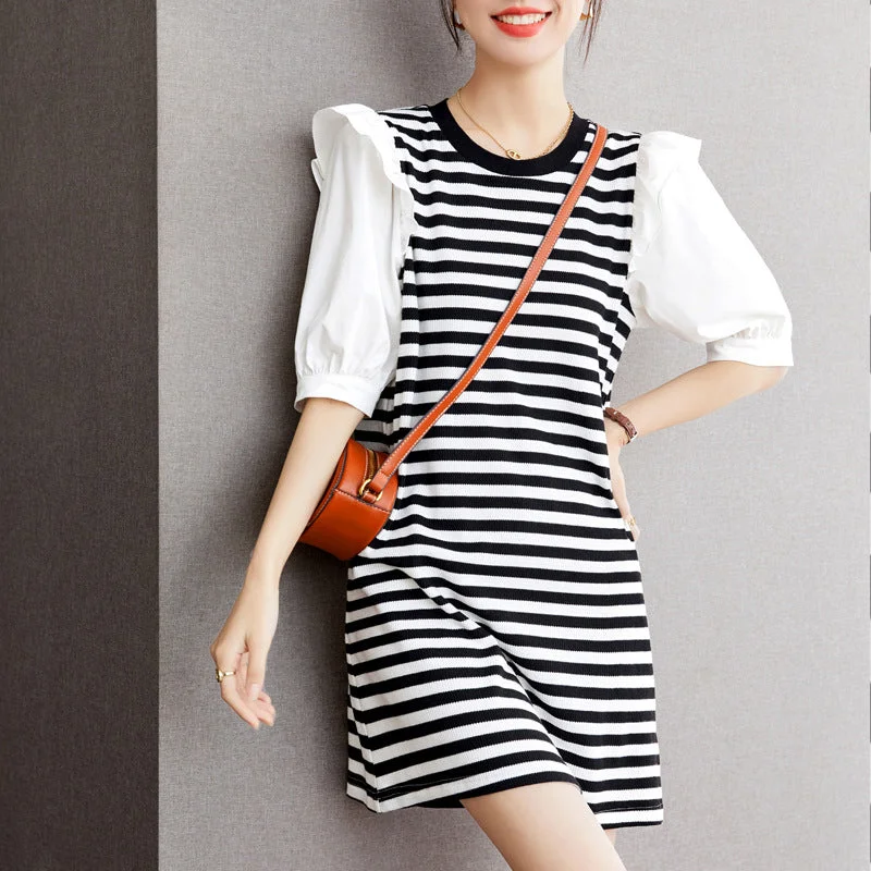 NiDELL Striped French Style All-Matching Stitching Dress for Women . Summer New Korean Style Casual Dignified Sense of Design Dress