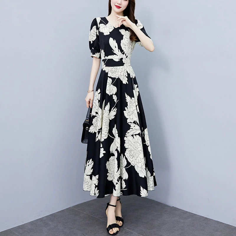 NiDELL . Summer New High-End Mother's Chiffon Dress Large Long Style Plump Girls Tight Waist Slim Looking Belly Covering Long Dress