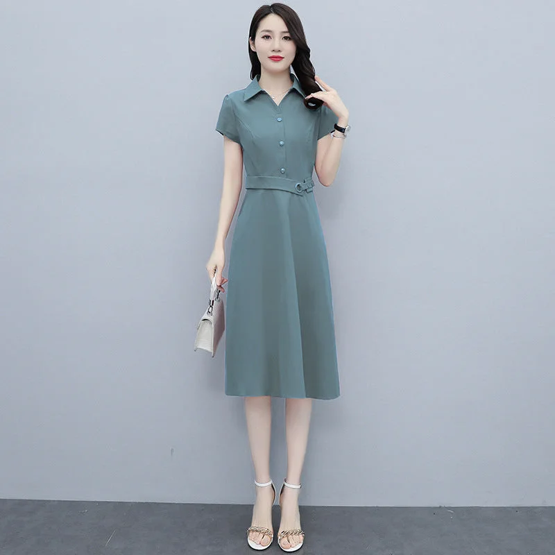 NiDELL . Summer New Women's Clothing Middle-Aged Mom Temperament Youthful-Looking Waist Slimming Solid Color Shirt Polo Collar Dress