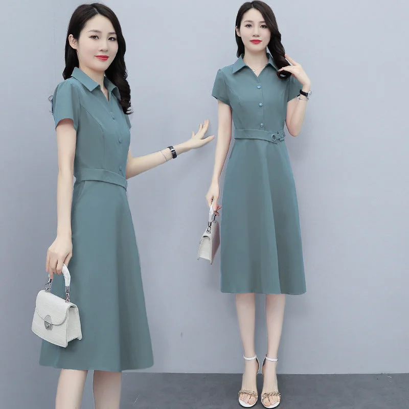 NiDELL . Summer New Women's Clothing Middle-Aged Mom Temperament Youthful-Looking Waist Slimming Solid Color Shirt Polo Collar Dress