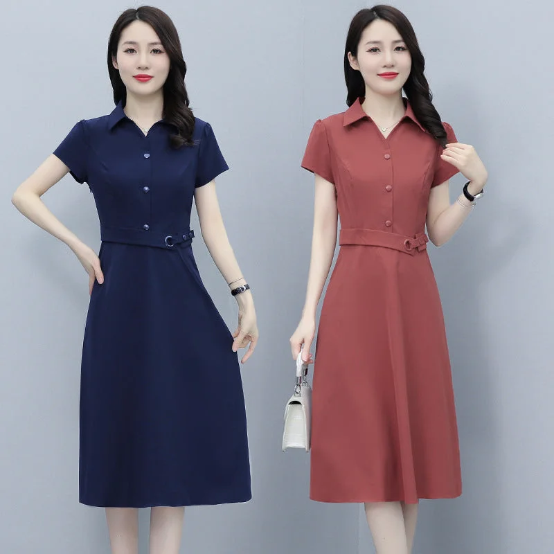 NiDELL . Summer New Women's Clothing Middle-Aged Mom Temperament Youthful-Looking Waist Slimming Solid Color Shirt Polo Collar Dress