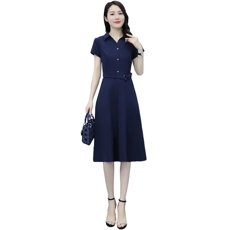 NiDELL . Summer New Women's Clothing Middle-Aged Mom Temperament Youthful-Looking Waist Slimming Solid Color Shirt Polo Collar Dress