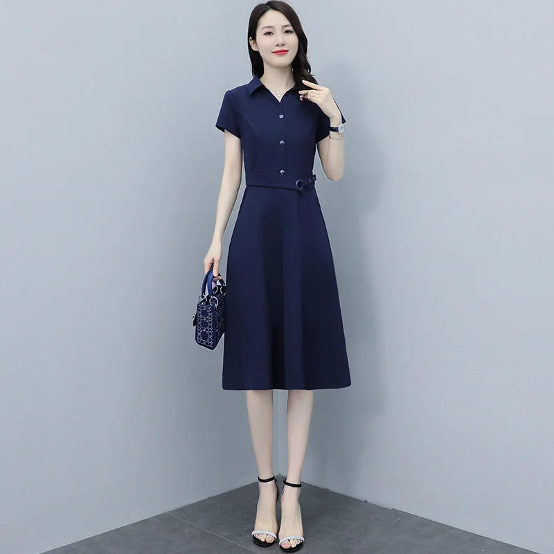 NiDELL . Summer New Women's Clothing Middle-Aged Mom Temperament Youthful-Looking Waist Slimming Solid Color Shirt Polo Collar Dress