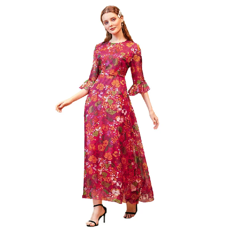 NiDELL Ty-54 Cross-Border Women's Clothing . Hot Sale Amazon round Neck Half Sleeve Digital Printed Dress in Stock