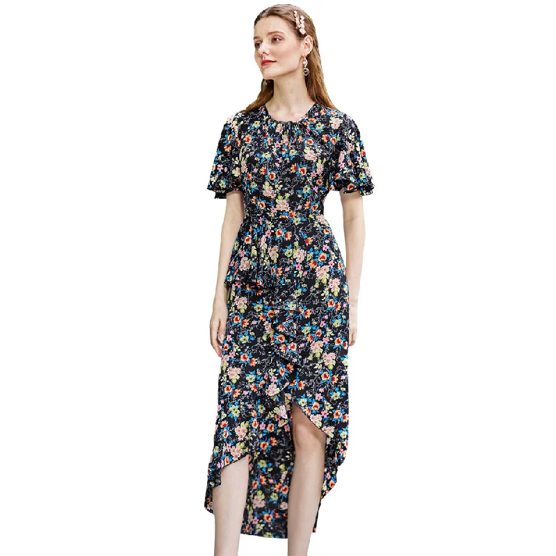 NiDELL Ty-70 European and American Women's Clothing . Amazon Cross-Border round Neck Short Sleeve Floral High Waist Slimming Long Dress