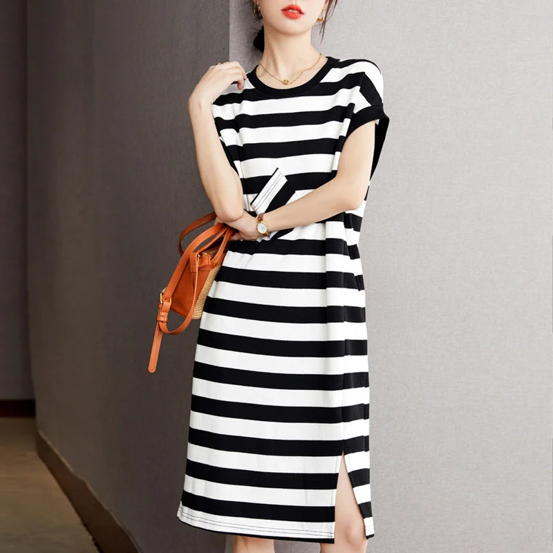 NiDELL Women's Knitted Black and White Striped Dress . Summer New Casual Mid-Length Short Sleeve T-shirt Skirt Overknee Skirt