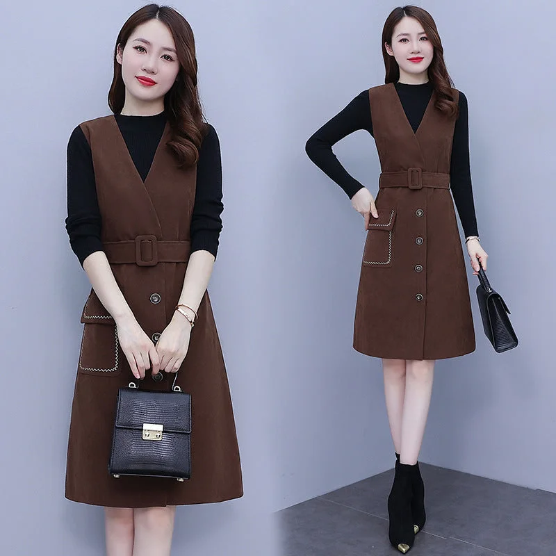 NiDELL Woolen Suspender Dress . Spring and Autumn New Knitwear Vest Suspender Dress Younger Fashion Two-Piece Set