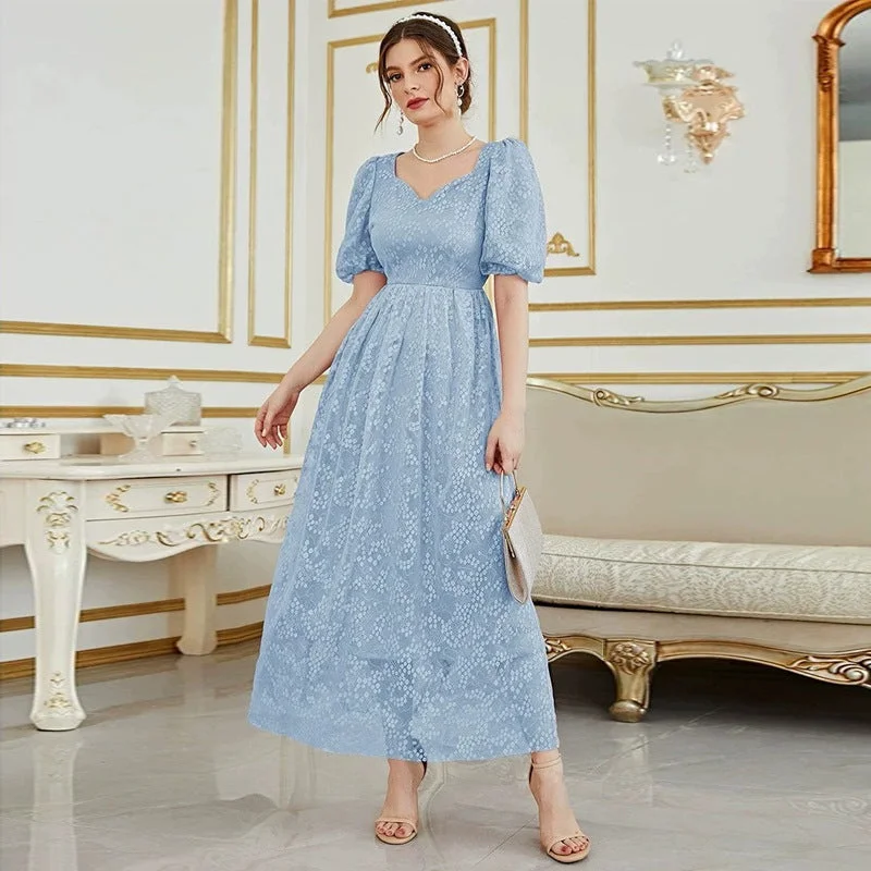 NiDELL ZG-21623 European and American Women's Clothing Fashion Casual . Summer New V-neck Puff Sleeve A- line Large Hem Dress