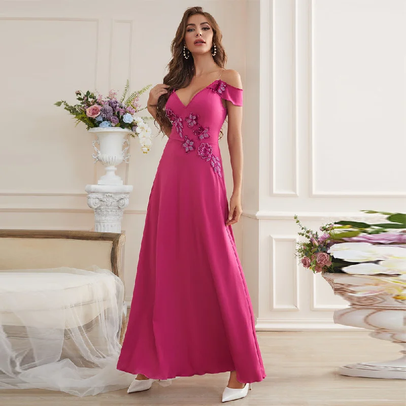 NiDELL ZG-21811 Summer New European and American Women's Clothing Fashionable Elegant Applique off-Neck Dress in Stock